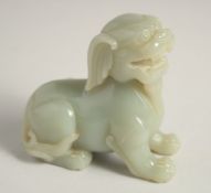 A LARGE CHINESE CARVED JADE FIGURE OF A FOO DOG, 10cm high, 10cm long.