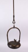 AN UNUSUAL 19TH CENTURY BRONZE HANGING OIL LAMP WITH BIRD, the lamp with a figure of a bird, 53cm