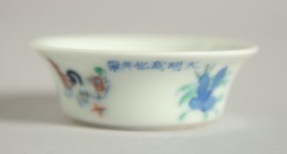 A SMALL CHINESE DOUCAI PORCELAIN CUP, with six-character mark, 5.5cm diameter.