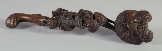 A CHINESE HUANGYANG WOOD RUI SCEPTRE, with bats and fungi, 34cm long.