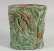 A GOOD CARVED JADE BRUSH POT. 6ins high.