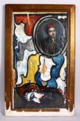 A CONTEMPORARY ISLAMIC SIGNED PAINTING OF A MALE FIGURE WEARING A FEZ, with painted decoration of