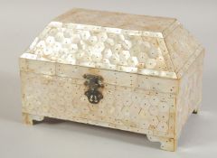 AN INDIAN GOA MOTHER OF PEARL CASKET, with hinged lid and raised on four bracket feet, 20cm wide.