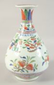 A CHINESE WUCAI PORCELAIN YUHUCHUNPIN VASE, painted with various fruits, 32.5cm high.