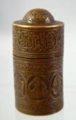 A SMALL FINE ISLAMIC BRASS CYLINDRICAL LIDDED VESSEL, engraved with panels of seated figures and