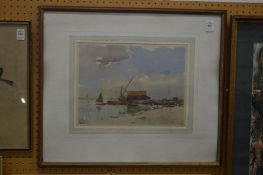 Coastal landscape with moored fishing boats, watercolour.