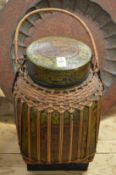 A lacquer and bamboo container together with an Indian enamelled brass dish.