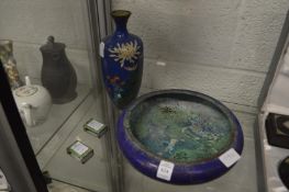 A cloisonne bowl, vase and two enamel matchbox holders.