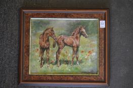 Margaret Barrett, Future champions, a charming oil on canvas, depicting two fowls in a poppy