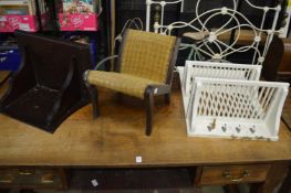 A plate rack, gout stool and mahogany wall bracket.