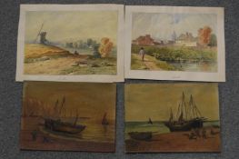 Two small oil on boards depicting sailing ships and two watercolour studies, all unframed.