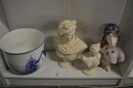 Decorative items to include resin busts, blue and white jardiniere.