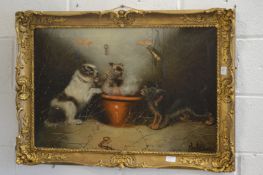 Playful terriers round a bowl, oil on canvas, in a decorative gilt frame.