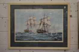 Montague Dawson, The action between Java and Constitution, colour print.