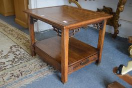 A pair of Chinese style elm two tier single drawer lamp tables.