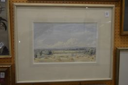 Terence Lambert, coastal landscape with stooks of corn, watercolour.