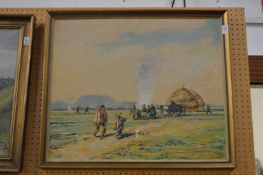 The Farm Hands, oil on board, indistinctly signed.