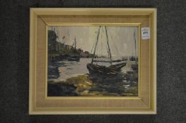 Circle of Jack Cox, a river estuary with small boats, oil on canvas board.