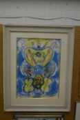 In the manner of Chagall, colourful print depicting musical instruments and other items.
