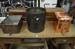 Two copper hot water vessels with taps together with twin handled metal tub.