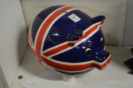 A large Union Jack decorated pottery piggy bank.