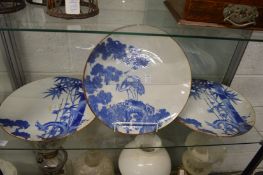 Three Japanese blue and white chargers.