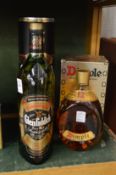 Glenfiddich, one litre bottle, boxed and a boxed bottle of Dimple 12 year old whisky.