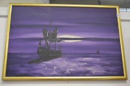 A man of war in a mauve sea and sky, oil on canvas.