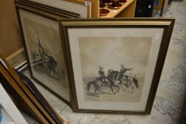 A set of four military prints and a similar larger engraving.