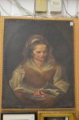 Manner of Nogari, portrait of a lady reading a book, oil on canvas, unframed.