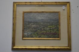 A rural hilly landscape, oil on board, in a decorative gilt frame.
