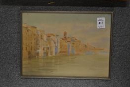 Two watercolours depicting Continental lake scenes together with a portrait of a military