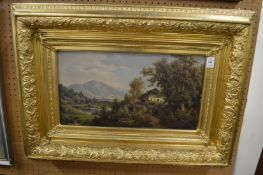 Continental river landscape with figures on a path by a cottage, oil on board in a decorative gilt