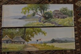 Rural landscape with a figure on a path, watercolour, unframed.