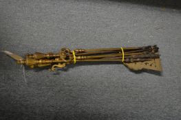 A brass three piece fireside companion set and two other items.