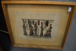 An Egyptian painting on papyrus and two prints depicting race horses.