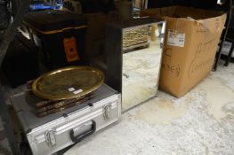 A small brass tray on stand, photographic equipment, lamp shades etc.