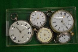 A silver cased pocket watch, three ladies silver cased pocket watches and a plated pocket watch.
