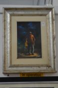 Oscar Tirelli, man pushing a cart along a street, oil on board, signed.