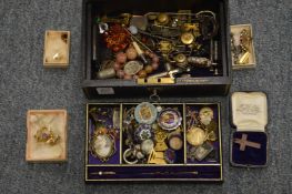 A good leather jewellery box and contents to include Victorian and Edwardian jewellery and other