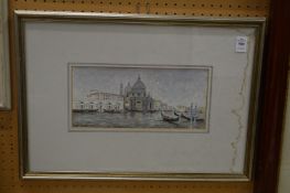 A scene of Venice with gondolas and buildings, watercolour.