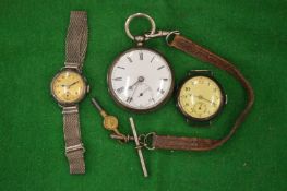 Silver cased pocket watch and two wrist watches.