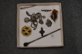 An Eastern silver necklace, Chinese coin, silver propelling pencil, two brooches etc.