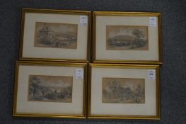 Four small pictures depicting buildings and landscapes, heightened with white.