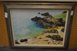 Figures swimming of a rocky landscape, oil on board.