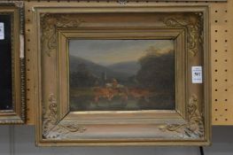 19th century English school, Cattle watering in a pond, oil on oak panel, in a decorative gilt