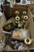 Brass candlesticks, collectors tins, trench art etc.