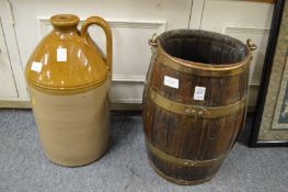 A brass bound wooden bucket together with a large stoneware flagon.