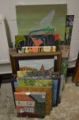 An artist collection of oil paintings, various subjects on board and unframed canvases.