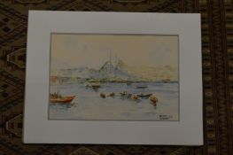Coastal landscape with figures in boats, watercolour, signed and dated, unframed.